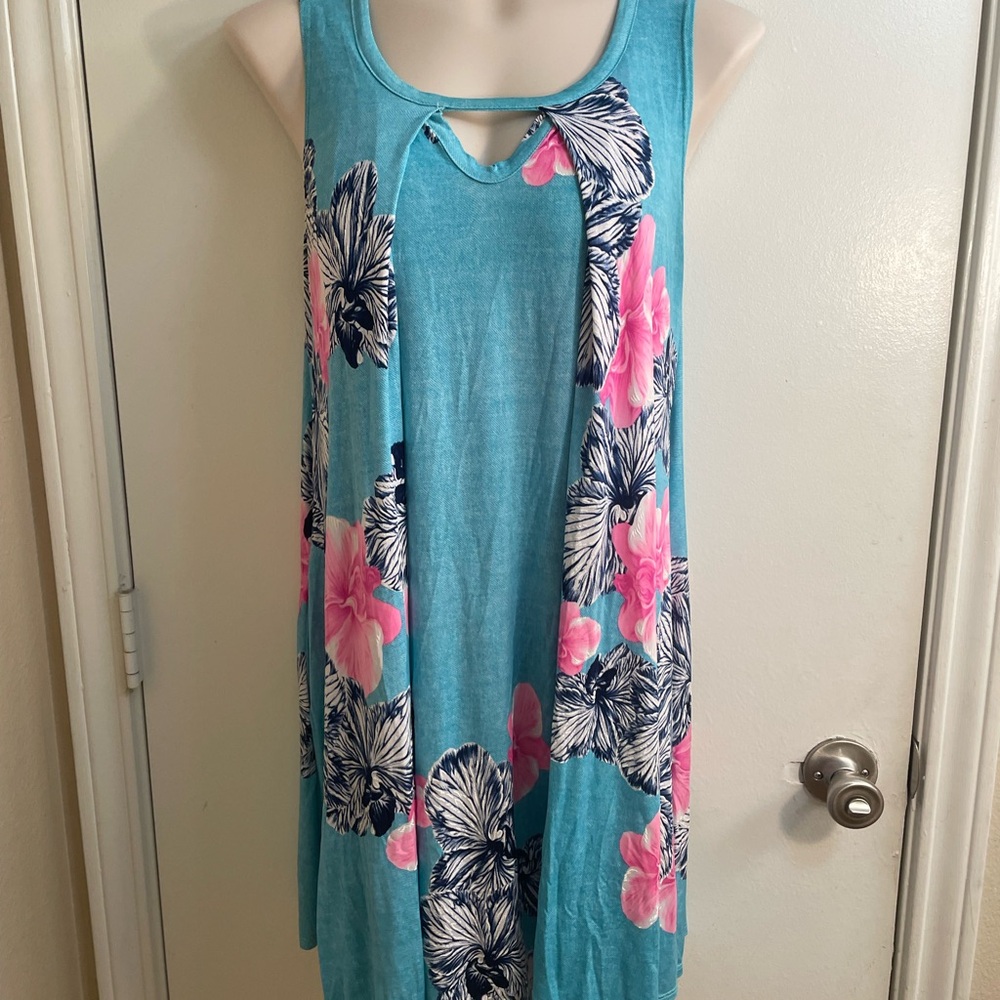 Turquoise Floral Sleeveless Dress with Pink Accents
